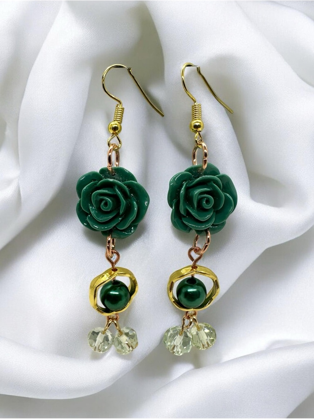 Green Rose Crystal Dangle Earrings Handmade Floral Gold Tone Jewelry
